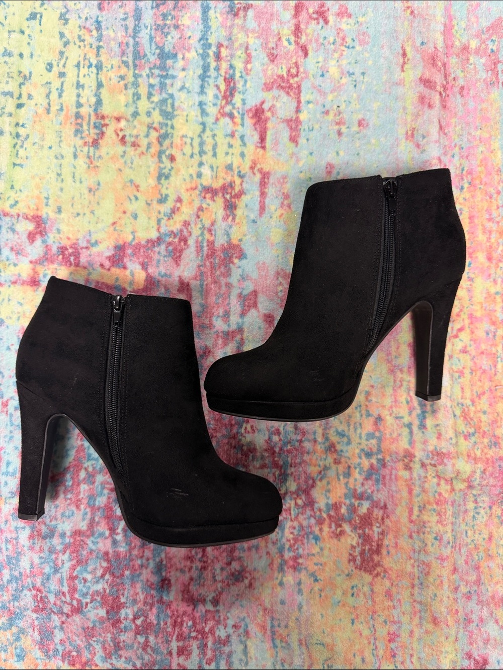 Women's Black Suede Platform Ankle Booties with Side Zip